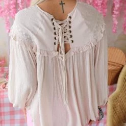 Vine + Love Natural Lace Up Back Swiss Dot Blouse