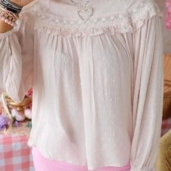 Vine + Love Natural Lace Up Back Swiss Dot Blouse