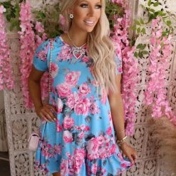 Sassy Look Leia Light Blue And Pink Floral Dress