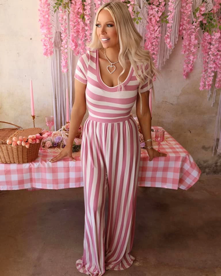 Veveret Apparel Mauve And White Striped Jumpsuit