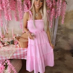 Aaron & Amber Pink Plaid Smocked Dress