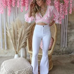 Love Is All Apparel Light Pink Tie Back Top With Lace Trim