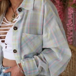 Bibi Apparel Blue And Pink Plaid Button Up Top