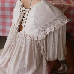 Vine + Love Natural Lace Up Back Swiss Dot Blouse