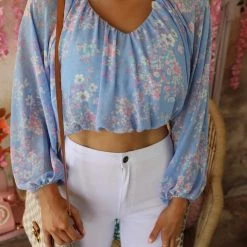 Peach Love Bridgette Blue Floral Crop Top