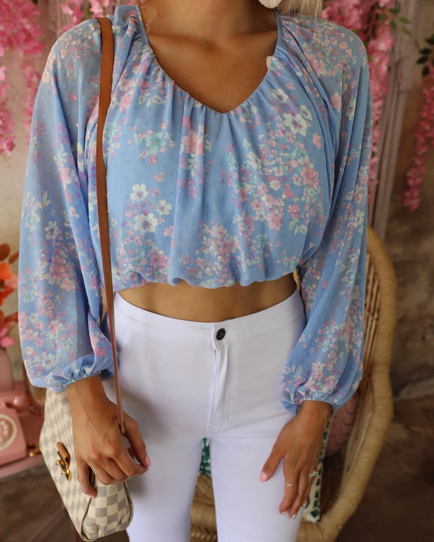 Peach Love Bridgette Blue Floral Crop Top