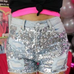 Shop Michelle Silver Sequin Front Denim Shorts