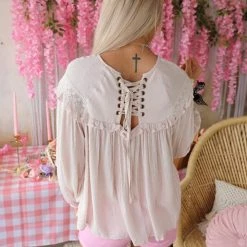 Vine + Love Natural Lace Up Back Swiss Dot Blouse