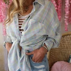 Bibi Apparel Blue And Pink Plaid Button Up Top