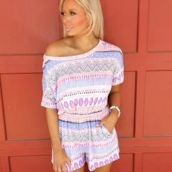 White Birch Blue Aztec Short Sleeve Romper