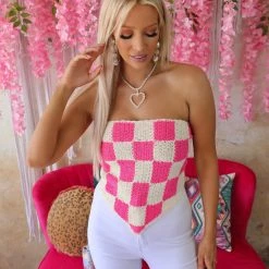 POL Pink Checkered Crochet Tube Top Apparel