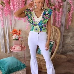 Petalo Blue And Green Floral V-Neck Top
