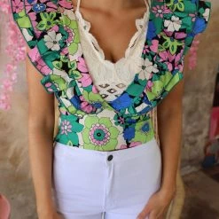 Petalo Blue And Green Floral V-Neck Top