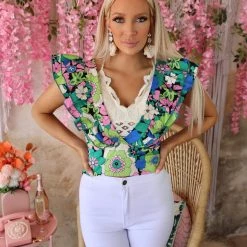 Petalo Blue And Green Floral V-Neck Top