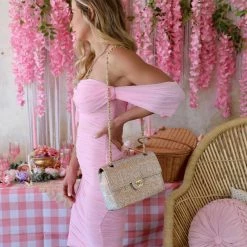 Cameo Apparel Baby Pink Mesh Off Shoulder Dress