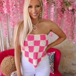 POL Pink Checkered Crochet Tube Top Apparel