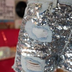 Shop Michelle Silver Sequin Front Denim Shorts