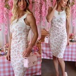 XYNC Taupe Leopard Ribbed Fitted Dress Apparel