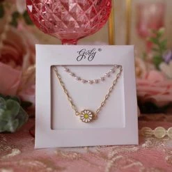 Girly Daisy And Pearl Double Chain Necklace Spring Brunch Collection