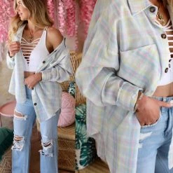 Bibi Apparel Blue And Pink Plaid Button Up Top