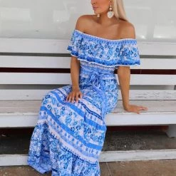 Flying Tomato Apparel Brynne Blue Floral Off Shoulder Maxi Dress