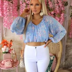 Peach Love Bridgette Blue Floral Crop Top