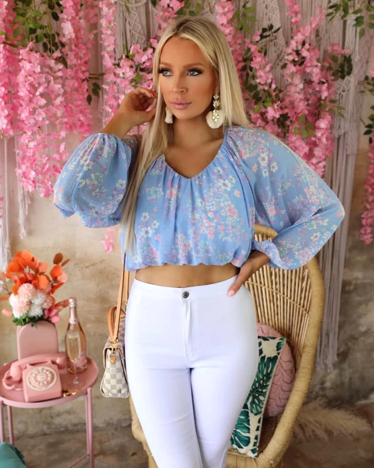 Peach Love Bridgette Blue Floral Crop Top