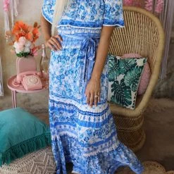 Flying Tomato Apparel Brynne Blue Floral Off Shoulder Maxi Dress