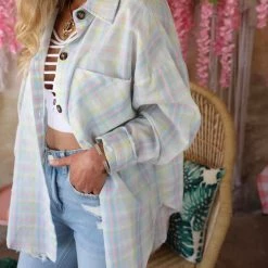 Bibi Apparel Blue And Pink Plaid Button Up Top