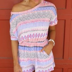 White Birch Blue Aztec Short Sleeve Romper