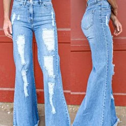 Uniq By Litz Medium Wash High Rise Distressed Flare Jeans Apparel