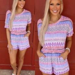 White Birch Blue Aztec Short Sleeve Romper