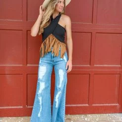 Blue Buttercup Black Ribbed Halter Top With Faux Suede Fringe