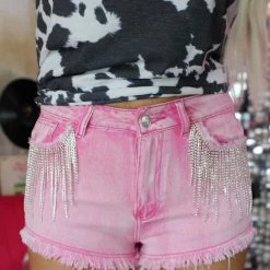 Shop Michella Pink Rhinestone Trim Denim Shorts Best Sellers