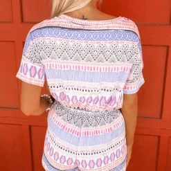 White Birch Blue Aztec Short Sleeve Romper