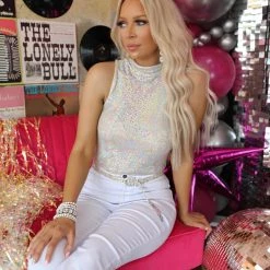 Blue Buttercup Glamorous White Sequin Bodysuit