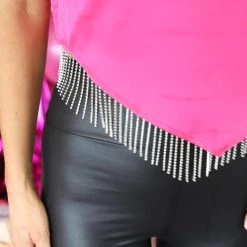 Blue B Fuchsia Silky Halter Top With Rhinestone Fringe