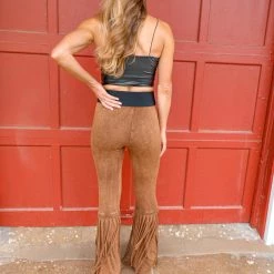 Blue Buttercup Camel Mineral Wash Fringe Flare Pants
