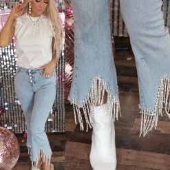 Blue B Light Wash Rhinestone Fringe Hem Jeans