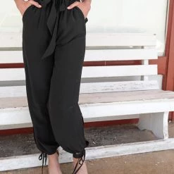 Ice Bird Black Tie Waist Split Side-Tied Hem Pants Apparel