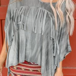 Fantastic Fawn Grey Tie Dye Oversized Fringe Top
