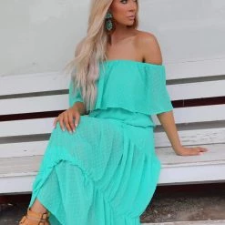 Main Strip Apparel Jade Off Shoulder Swiss Dot Maxi Dress