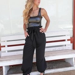 Ice Bird Black Tie Waist Split Side-Tied Hem Pants Apparel