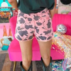 POL Apparel Powder Brick Distressed Cow Print Shorts