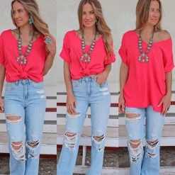First Love Apparel Coral V-Neck Relaxed Fit Top