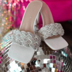 Delicacy White Rhinestone Braided Heels Apparel