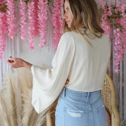 L Love Oatmeal Bell Sleeve Surplice Crop Top