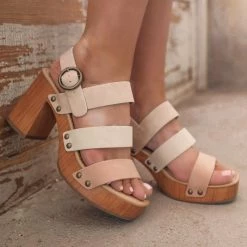 City Classified Shoes Neutral 3 Strap Wood Platform Heels Boho Babe