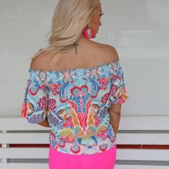 Flying Tomato Apparel Ivory Folk Print Off Shoulder Top