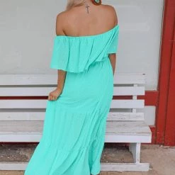 Main Strip Apparel Jade Off Shoulder Swiss Dot Maxi Dress